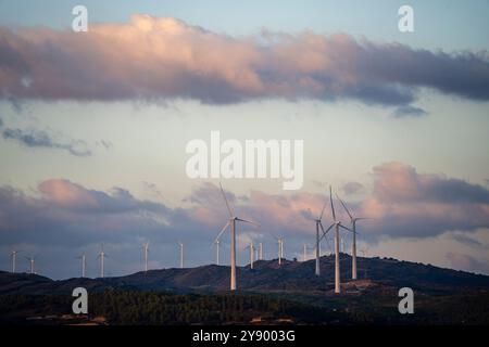 Netz der Windkraftwerke, Artajona (Artaxoa) Merindad de Olite, Foral Community of Navarra, Spanien Stockfoto