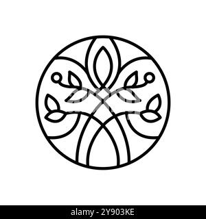 Logooptik mit rundem Blumenmuster. Emblem-Pflanze im kreisförmigen linearen Stil. Abstrakte Vektor-Abzeichen für Design von Naturprodukten, Blumenladen, Kosmetik Stock Vektor