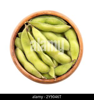 Frische Edamame, grüne Sojabohnen in der Schote, in einer Holzschale. Rohe unreife Sojabohnen, Glycin max, gekocht oder gedünstet und gesalzen. Stockfoto