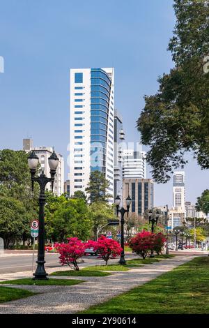 Curitiba, Paraná, Brasilien am 22. September 2024. Candido de Abreu Avenue, mit dekorativen Blumen auf der Straße und Gebäuden im Hintergrund. Stockfoto