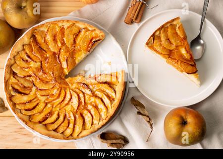 Hausgemachter traditioneller Apfelkuchen mit Konditorcreme-Füllung und Marmeladenüberzug, ein klassisches Herbst- oder Winterdessert oder Snack. Draufsicht Stockfoto