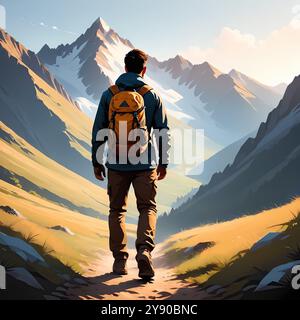 Solo Mountain Wker Cartoon Adventure Rucksacktour Scenic Landscape Nature Tourism Travel Illustration. Lebendige Zeichentrickabbildung Stockfoto