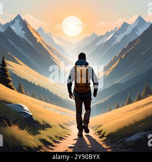 Solo Mountain Wker Cartoon Adventure Rucksacktour Scenic Landscape Nature Tourism Travel Illustration. Lebendige Zeichentrickabbildung Stockfoto