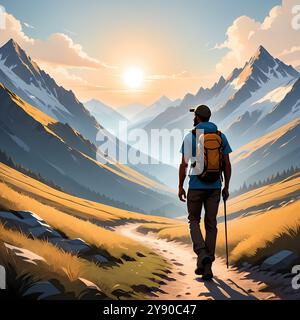 Solo Mountain Wker Cartoon Adventure Rucksacktour Scenic Landscape Nature Tourism Travel Illustration. Lebendige Zeichentrickabbildung Stockfoto