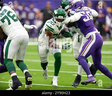 Tottenham Hotspur Stadium, London, Großbritannien. Oktober 2024. NFL UK Football, New York Jets gegen Minnesota Vikings; New York Jets Running Back Breece Hall (20) Credit: Action Plus Sports/Alamy Live News Stockfoto