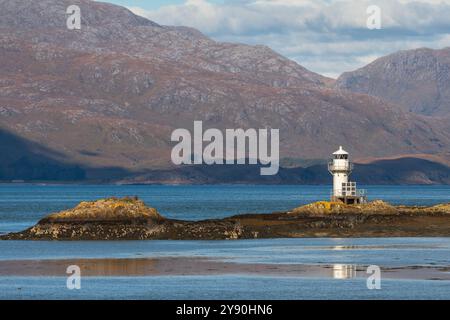 Sgeir Bhuidhe Lighthouse befindet sich in der Nähe von Port Appin, Argyll, Schottland, Großbritannien Stockfoto