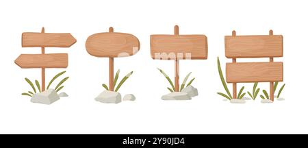 Hölzerne Schilder. Cartoon rustikale Holzbanner, Pfadfinderplanke Plakatwände, hölzerne Schilder flache Vektor Illustrationen Set. Holzschilder Kollektion auf wh Stock Vektor