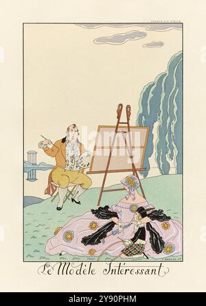 „Le Modèle intéressant“ [das interessante Modell] Illustration im Art déco-Stil des französischen Künstlers George Barbier, die eine Dame und ihre Tochter in einem großen Garten zeigt. Foto aus einem originalen Portfolio aus den 1920er Jahren mit Pochordruck in limitierter Auflage. Kredit: Privatsammlung / AF Fotografie Stockfoto