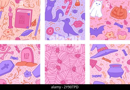 Set aus niedlichen rosafarbenen, nahtlosen Mustern. Stock-Vektor-Illustration im Cartoon-Stil mit Gliederung. Stock Vektor
