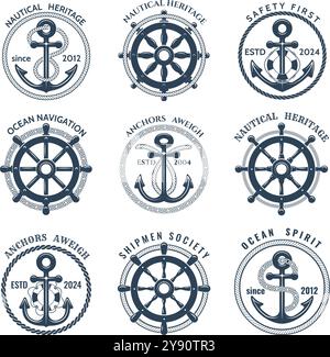 Nautisches Monochrom-Emblem-Set. Schiffsanker Rettungsboje Lenkrad in Ketten und Seilen isolierte Vektorillustration Stock Vektor