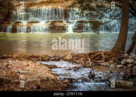 Ein rauschender Wasserfall, umgeben von natürlichen Texturen. In leuchtenden Herbstfarben zeigt das Bild felsiges Gelände, fließendes Wasser und Baumwurzeln. Stockfoto