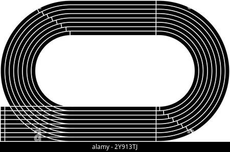 Schwarzes Symbol für Laufstrecke. Stadion Draufsicht. Rennstrecke für Sprint, Marathon oder andere sportliche Wettkämpfe isoliert auf weißem Hintergrund. Vektorgrafik. Stock Vektor