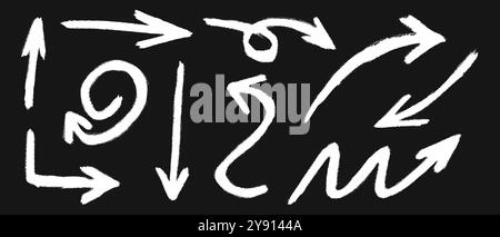 Satz von handgezeichneten Pfeilsymbolen mit weißer Kreide. Buntstifte im Doodle-Stil. Richtungsschilder gemalt von Calk isoliert auf Schultafeln Hintergrund. Realistische Vektordarstellung. Stock Vektor