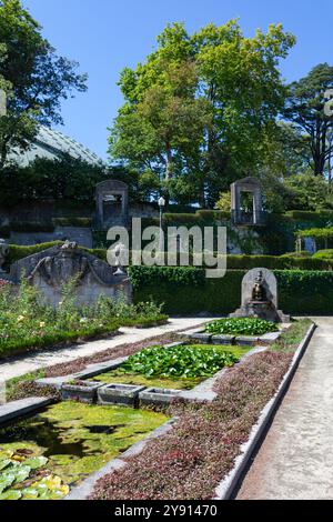 Der Garten Jardim dos Sentimentos, ein verstecktes Juwel im Jardins do Palácio de Cristal mit Blick auf den Rosa Mota Pavillon in Porto, Portugal Stockfoto