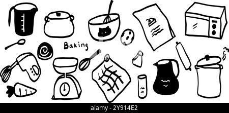 Baking Doodle Set | minimalistische zweifarbige Schwarz-weiß-Vektor-Illustration | Backen Blogs, Kochbücher, Rezeptkarten oder kulinarische Branding | handgezeichnet Stock Vektor