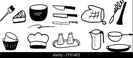 Baking Doodle Set | minimalistische zweifarbige Schwarz-weiß-Vektor-Illustration | Backen Blogs, Kochbücher, Rezeptkarten oder kulinarische Branding | handgezeichnet Stock Vektor