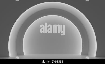 Minimalistischer Hintergrund mit leuchtenden Bögen in Grau- und Weißtönen. Perfekt für moderne, minimalistische und futuristische Designs. Stockfoto