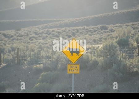 Open Range Straßenschild in der Wüste Nevada kurz vor Sonnenuntergang. Stockfoto