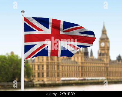 Britische Flagge mit Big Ben und Houses of Parliament und britische Flaggenzusammensetzung Stockfoto