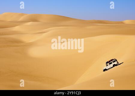 Geländefahrzeug, das durch weite Sanddünen unter klarem Himmel in einer trockenen und sonnigen Wüstenlandschaft fährt, Matruh, großes Sandmeer, Libysche Wüste, Sahara Stockfoto