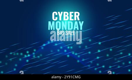 Sonderangebot für Cyber Monday-Werbebanner. Neonlicht. Gestalten Sie einen Einkaufsgutschein für Online-Shops. Vektorabbildung. Stock Vektor