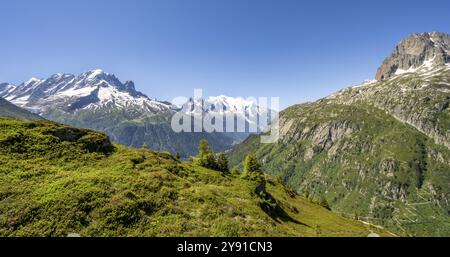 Bergpanorama mit Gletschern, Aiguille Verte mit Aiguille du Midi und Mont Blanc, Wanderung nach Aiguillette des Posettes, Chamonix, Haut Stockfoto