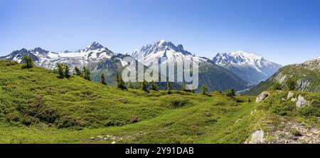 Bergpanorama mit Gletschern, Aiguille de Chardonnet mit Glacier du Tour, Aiguille Verte mit Aiguille du Midi und Mont Blanc, hik Stockfoto