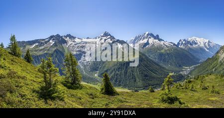 Bergpanorama mit Gletschern, Aiguille de Chardonnet mit Glacier du Tour, Aiguille Verte mit Aiguille du Midi und Mont Blanc, hik Stockfoto