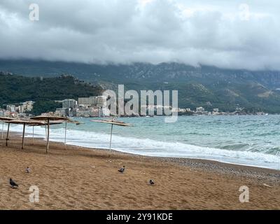 Sonnenschirme mit Schilf oder Strohdach am Strand in Montenegro bei bewölktem Tag Stockfoto