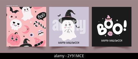 Halloween nahtlose Muster Vektor Poster Set. Happy halloween Grußtext mit niedlichem Geist und Boo Trick or Treat Einladungskarte Stock Vektor