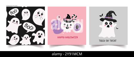 Halloween Ghost nahtlose Muster Vektor Design. Happy halloween und Trick or Treat Grußtext mit niedlichem Geistercharakter für das Design des Postersets. Stock Vektor
