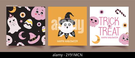Halloween nahtlose Muster Vektor Poster Set. Das nahtlose halloween-Muster mit flachen Elementen für Geister, Augapfel und Zuckerrohr als Hintergrundbild ist perfekt Stock Vektor