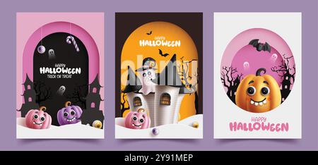 Halloween Grußkarte Vektor Poster Set. Happy halloween Grußtext mit gespenstischem Schloss, süßen Kürbissen und freundlichen Geisterfiguren als Trick Stock Vektor
