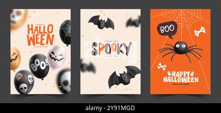 Halloween Grußkarte Vektor Poster Set Design. Happy halloween Gruselkarte Kollektion mit Ballons, Fledermaus und Spinnenelementen. Stock Vektor