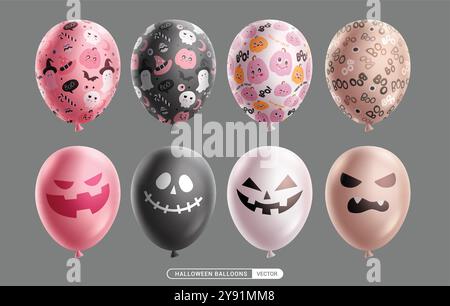 Halloween Ballons Vektor Set Design. Ballons aufblasbare Kollektion mit gruseligen, gruseligen, skittischen und lustigen Mustern und Aufdrucken für Horror Kids Party Stock Vektor