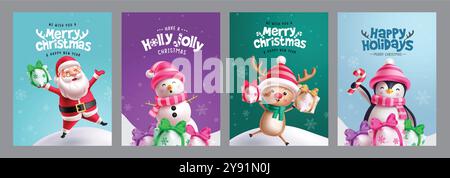 Frohe weihnachten Grußkarte Vektor Poster Set Design. weihnachtsmann, Schneemänner, Rentiere und Pinguine in der Sammlung von Grußkarten. Stock Vektor