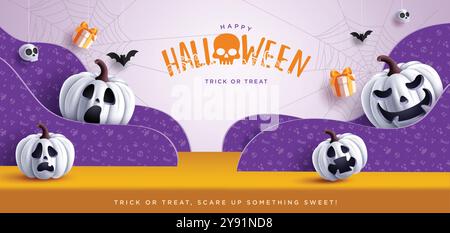 Halloween Podium Papier geschnitten Vektor Banner Design. Happy halloween Trick or Treat Grußtext mit weißen Kürbisfiguren auf Podium Bühnentapier Stock Vektor