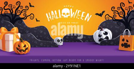 Halloween Podium Vektor Banner Design. Fröhlicher halloween Text auf der Podiumbühne mit Kürbissen, Geschenkbox, Papiertüte und Totenschädelelementen im Hintergrund Stock Vektor