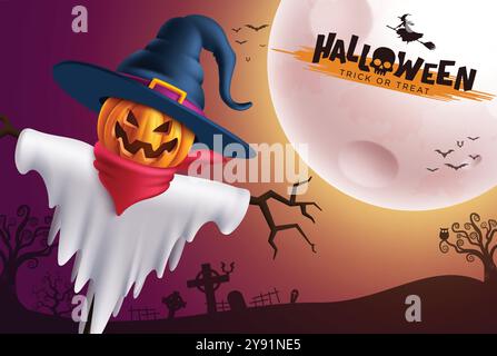 Halloween Vogelscheuche Kürbis Vektor-Design. Halloween-Trick oder Beleg Text mit gruseligen Kürbis im Vogelscheuchen Kostüm für gruselige Grußkarte Stock Vektor