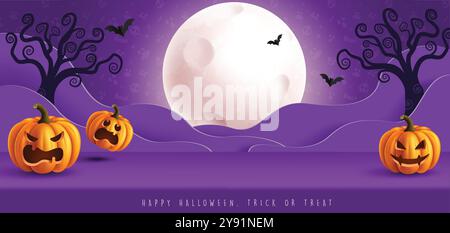 Halloween Podium Papier geschnitten Vektor Banner Design. Fröhliche halloween-Violett-Podium-Bühne mit Vollmond, Kürbischarakter und Muster-Hintergrund Stock Vektor