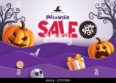 Halloween Sale Text Vektor Banner Design. Halloween-Sonderangebot Text mit 50 % Rabatt und Kürbisse Dekorationselemente in Papierform Stock Vektor