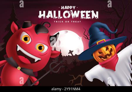 Halloween Gruß Text Vektor Design. Happy halloween Trick or Treat Grußtext mit Dämonen und Vogelscheuchen Charakteren in Vollmondwaldnacht Stock Vektor
