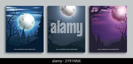 Halloween Vollmond Vektor Poster Set Hintergrund. Halloween Hintergrund mit Vollmondnacht im Wald Vorlage Kollektion für Horror Grusel Einladung Stock Vektor