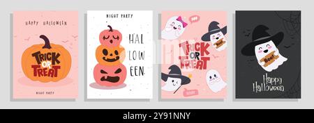 Halloween Trick or Treat Vektor Poster Set Design. Trick or Treat Grußtext mit Kürbissen und Geisterfiguren-Elementen für eine Horrorparty Stock Vektor