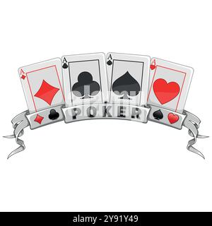 Pokerkarten, umgeben von einem Band, Pokersymbole von Herz, Diamant, Verein und Ass Stock Vektor