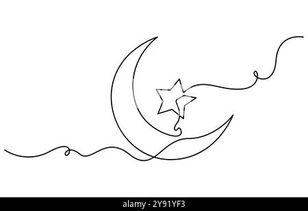 Eine durchgehende Linienzeichnung des Mondes mit Sternen. Ramadan Kareem-Banner im einfachen linearen Stil. Schlafsymbol mit Sichel in bearbeitbarem Strich Stock Vektor