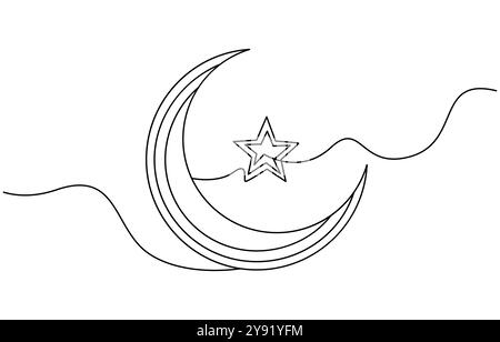 Eine durchgehende Linienzeichnung des Mondes mit Sternen. Ramadan Kareem-Banner im einfachen linearen Stil. Schlafsymbol mit Sichel in bearbeitbarem Strich Stock Vektor