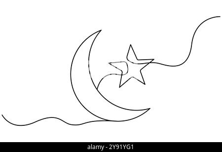 Eine durchgehende Linienzeichnung des Mondes mit Sternen. Ramadan Kareem-Banner im einfachen linearen Stil. Schlafsymbol mit Sichel in bearbeitbarem Strich Stock Vektor