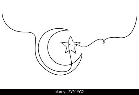 Eine durchgehende Linienzeichnung des Mondes mit Sternen. Ramadan Kareem-Banner im einfachen linearen Stil. Schlafsymbol mit Sichel in bearbeitbarem Strich Stock Vektor
