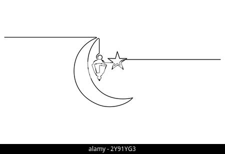 Eine durchgehende Linienzeichnung des Mondes mit Sternen. Ramadan Kareem-Banner im einfachen linearen Stil. Schlafsymbol mit Sichel in bearbeitbarem Strich Stock Vektor